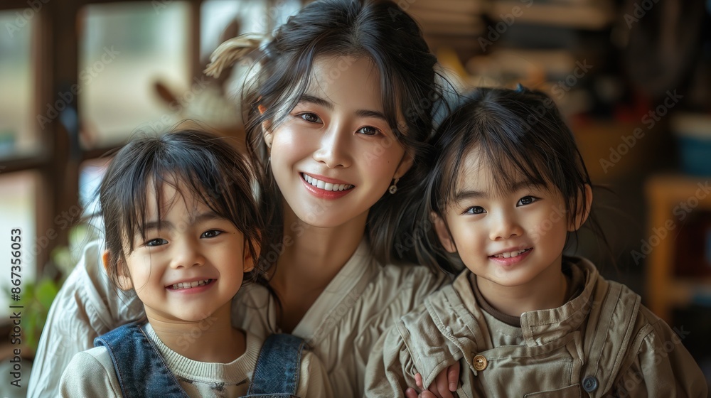 Fototapeta premium Beautiful korean woman smile happy with his children