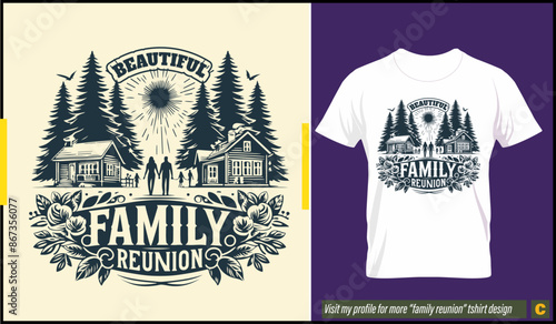 Family reunion vector design with trees, birds, family members, reunion sign, flowers, roots and typography