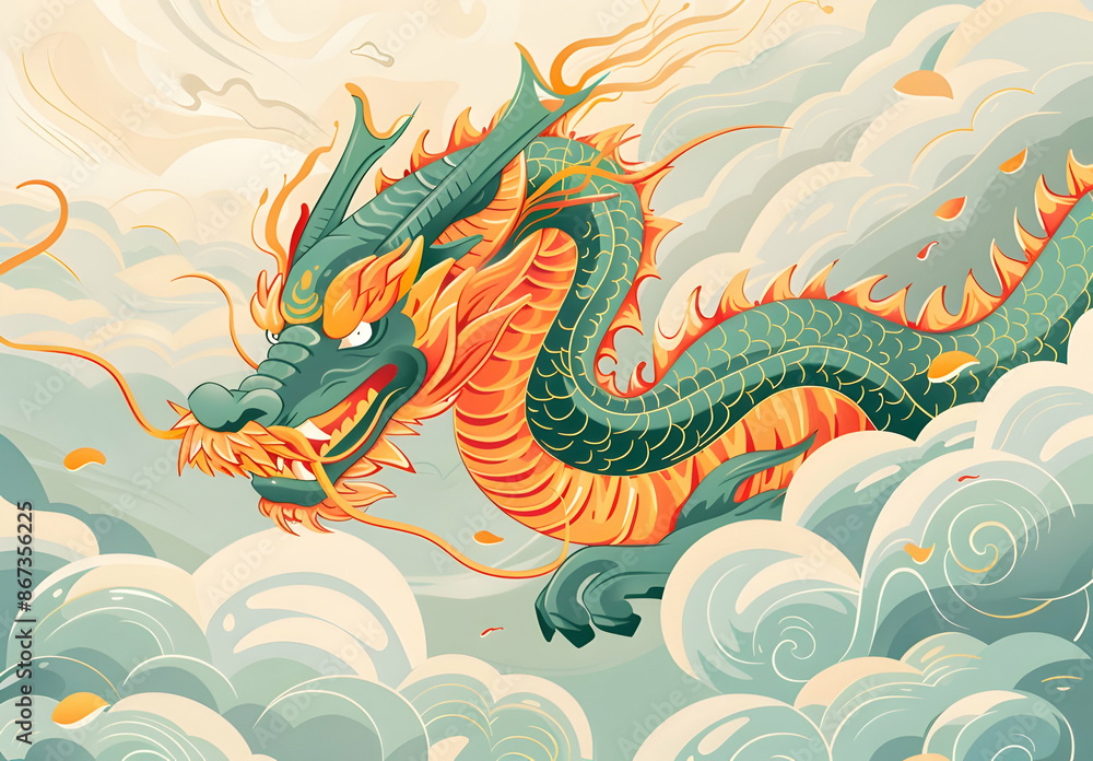 Fototapeta premium Chinese dragon, flat illustration style