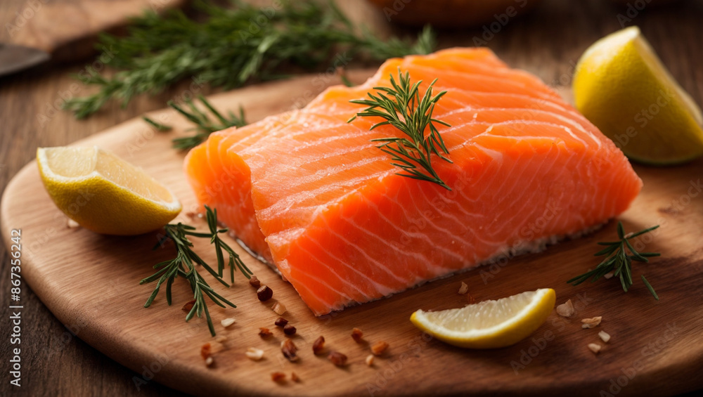 Photo of salmon fillet on a wooden table that looks delicious, Generative Ai Photo of salmon fillet on a wooden table that looks delicious, Generative Ai