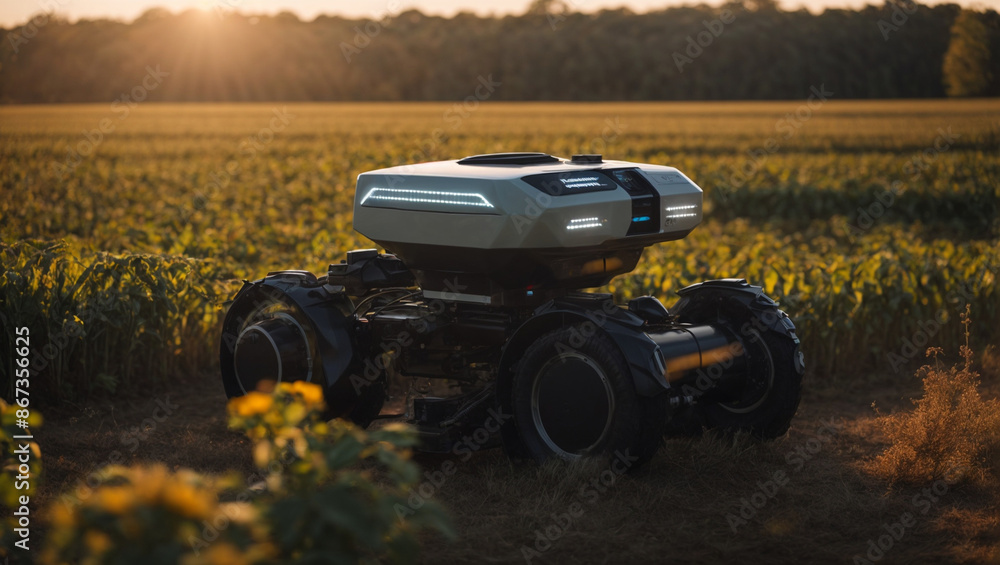 farming Robot in a field with morning sunshine, Generative Ai farming Robot in a field with morning sunshine, Generative Ai