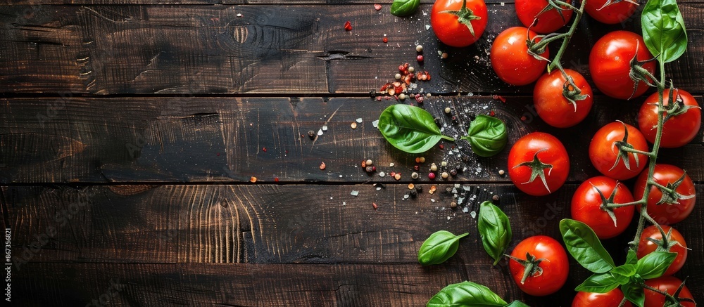 Fresh tomatoes and basil from farmers on wooden table. Top view with room for text Fresh tomatoes and basil from farmers on wooden table. Top view with room for text
