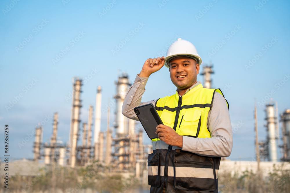 Asian engineer man with safety helmet standing front of oil refinery. Industry zone gas petrochemical. Factory oil storage tank and pipeline. Workers work in the refinery construction building Asian engineer man with safety helmet standing front of oil refinery. Industry zone gas petrochemical. Factory oil storage tank and pipeline. Workers work in the refinery construction building