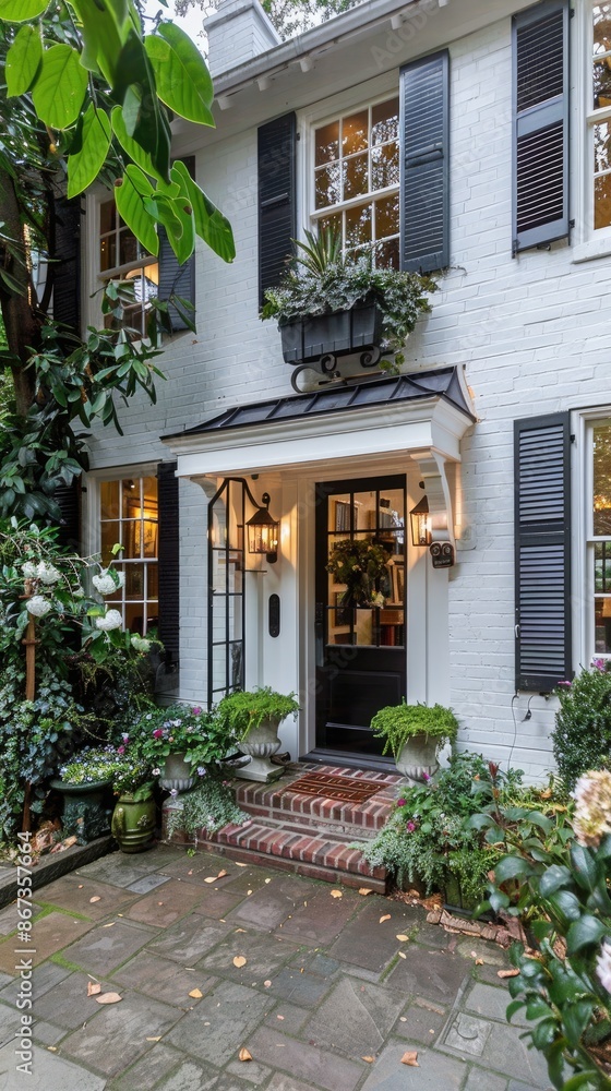 A close-up view of a white front door with decorative molding, a silver door handle, and potted plants on either side A close-up view of a white front door with decorative molding, a silver door handle, and potted plants on either side