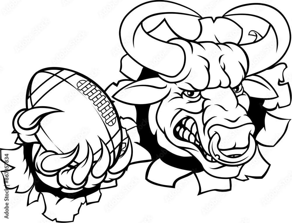 A bull or Minotaur monster longhorn cow angry mean American football mascot cartoon character. A bull or Minotaur monster longhorn cow angry mean American football mascot cartoon character.