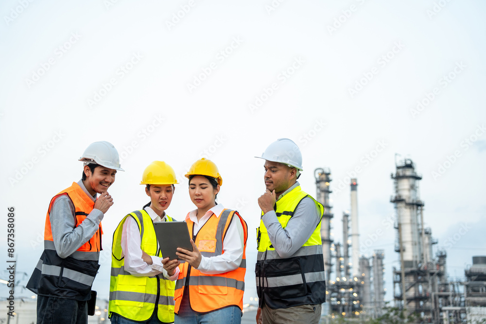 Group of Asian engineer people with safety helmet standing front of oil refinery. Industry zone gas petrochemical. Factory oil storage tank and pipeline. Workers team work in refinery construction Group of Asian engineer people with safety helmet standing front of oil refinery. Industry zone gas petrochemical. Factory oil storage tank and pipeline. Workers team work in refinery construction