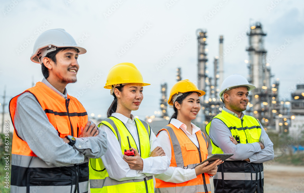 Group of Asian engineer people with safety helmet standing front of oil refinery. Industry zone gas petrochemical. Factory oil storage tank and pipeline. Workers team work in refinery construction Group of Asian engineer people with safety helmet standing front of oil refinery. Industry zone gas petrochemical. Factory oil storage tank and pipeline. Workers team work in refinery construction