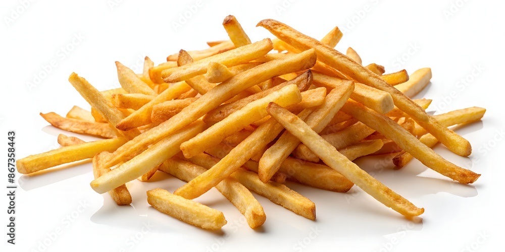 Golden crispy fried potato sticks scattered randomly on a clean white background, with some fallen at an angle, creating a playful and appetizing still life composition. Golden crispy fried potato sticks scattered randomly on a clean white background, with some fallen at an angle, creating a playful and appetizing still life composition.