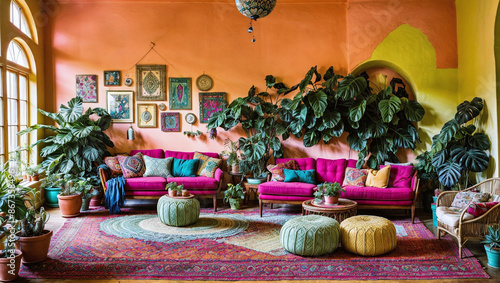 A bohemian-inspired living space with vibrant colors, eclectic furniture, and an abundance of plants