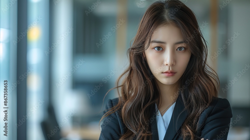 Beautiful korean woman bussines suit angry expression at office Beautiful korean woman bussines suit angry expression at office