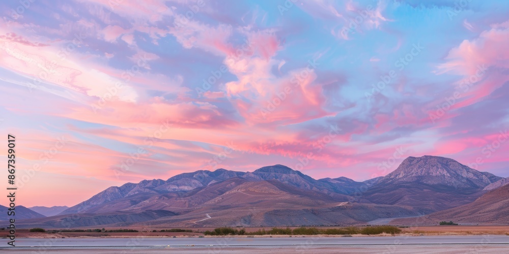 Fototapeta premium Beautiful sunset over mountains with pink and blue sky. The serene landscape captures the tranquility and beauty of nature.