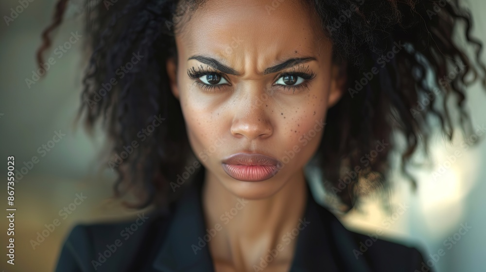 Beautiful black woman bussines suit angry expression at office Beautiful black woman bussines suit angry expression at office