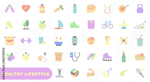 Basics of health. Healthy Lifestyle. Sports and physical exercises. Color icons.