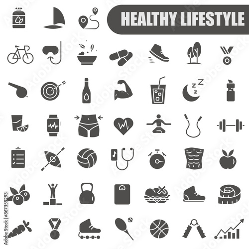 Basics of health. Sports and physical exercises. Healthy Lifestyle. Dark icons.