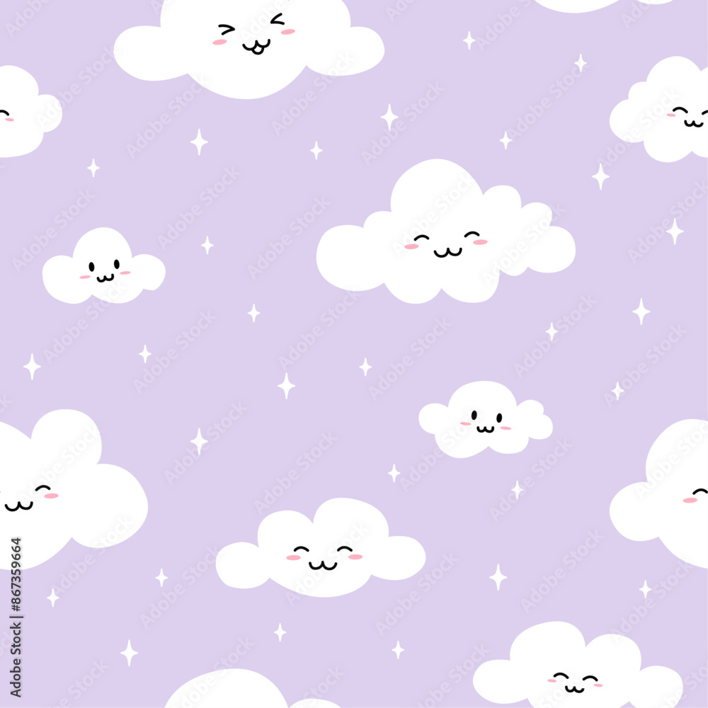 Seamless pattern with kawaii cloud on violet background. Hand drawn vector illustration. Texture for print. Seamless pattern with kawaii cloud on violet background. Hand drawn vector illustration. Texture for print.
