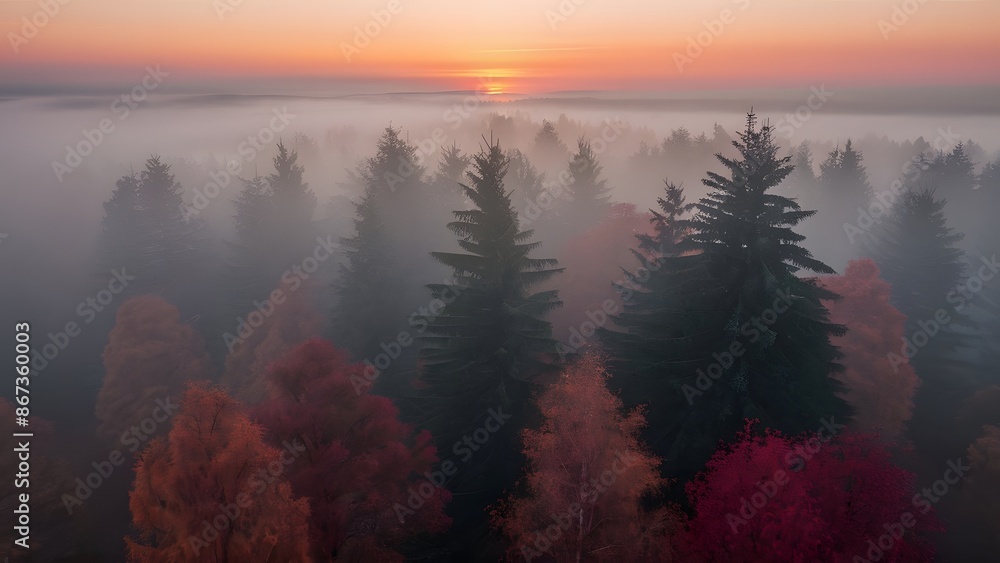 Aerial drone flight over foggy autumn forest realistic nature and landscape Aerial drone flight over foggy autumn forest realistic nature and landscape