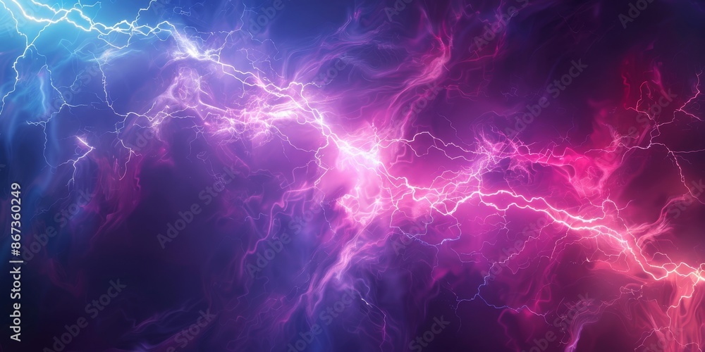 The sky is illuminated by dynamic blue and pink lightning bolts, creating a vibrant and energetic scene The sky is illuminated by dynamic blue and pink lightning bolts, creating a vibrant and energetic scene
