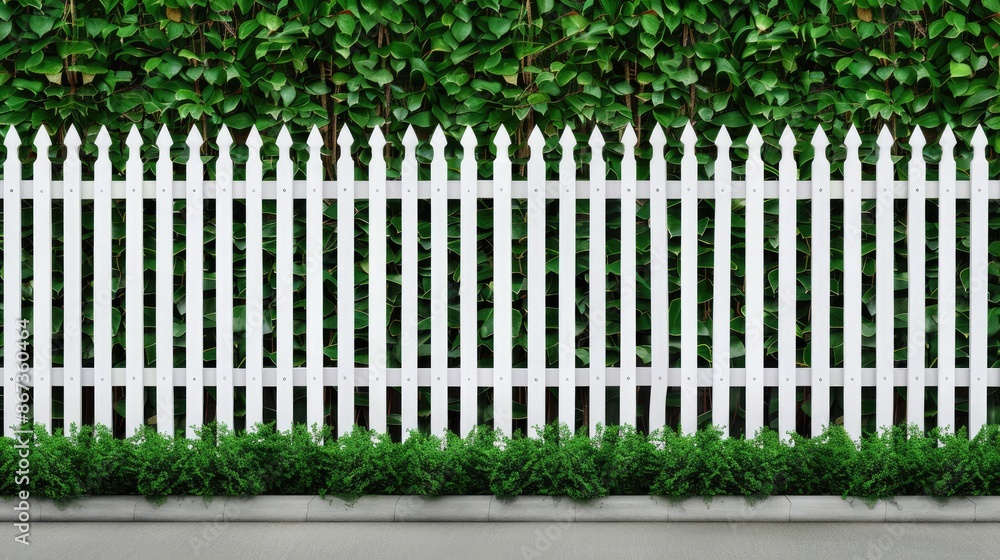 A white picket fence lines a manicured green hedge, creating a beautiful border between a private property and the public sidewalk. A white picket fence lines a manicured green hedge, creating a beautiful border between a private property and the public sidewalk.