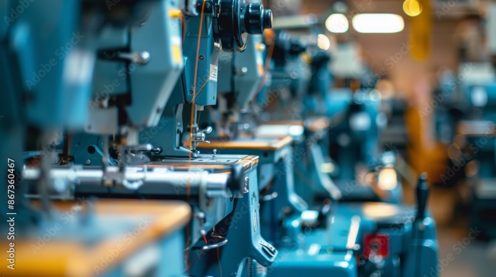 A close-up view of a row of industrial sewing machines in a factory setting, showcasing the intricate details of the machines and the busy atmosphere of the workplace A close-up view of a row of industrial sewing machines in a factory setting, showcasing the intricate details of the machines and the busy atmosphere of the workplace