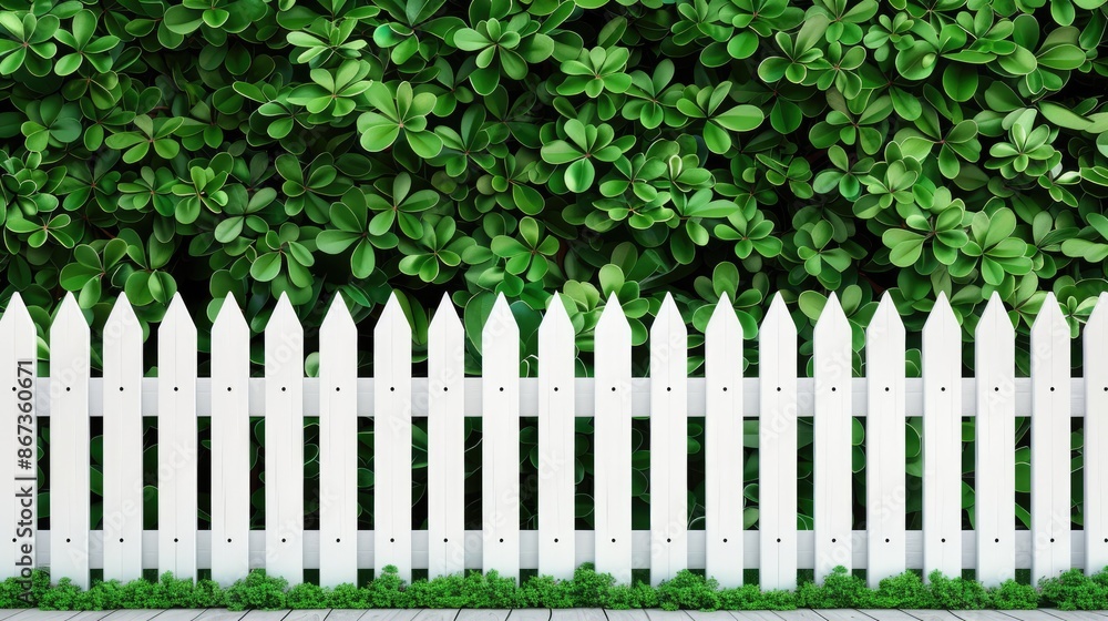 A white picket fence lines a manicured green hedge, creating a beautiful border between a private property and the public sidewalk. A white picket fence lines a manicured green hedge, creating a beautiful border between a private property and the public sidewalk.