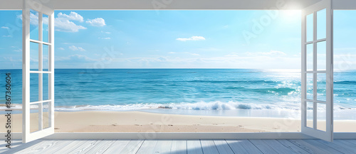An open window with white frame on the right side of an empty room overlooking the sea, with sand and beach in summer. Bright sunny day with blue sky. Photorealistic 3D rendering.