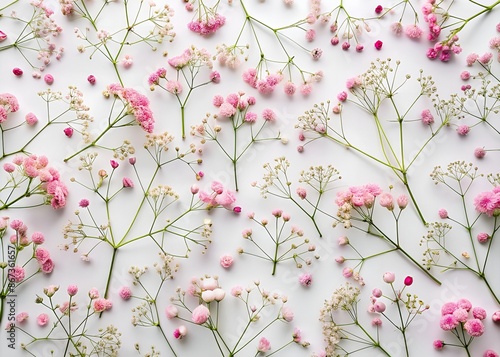 Delicate pink gypsophila flowers create a stunning flat lay floral pattern against a soft white background, perfect for spring or summer designs and textures.