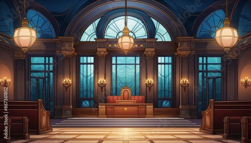 judge and jury trial in session courtroom background flat design front view legal drama theme animation vivid photo