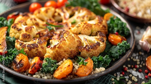 Roasted cauliflower steaks with quinoa and kale on a plate. A healthy and flavorful meal