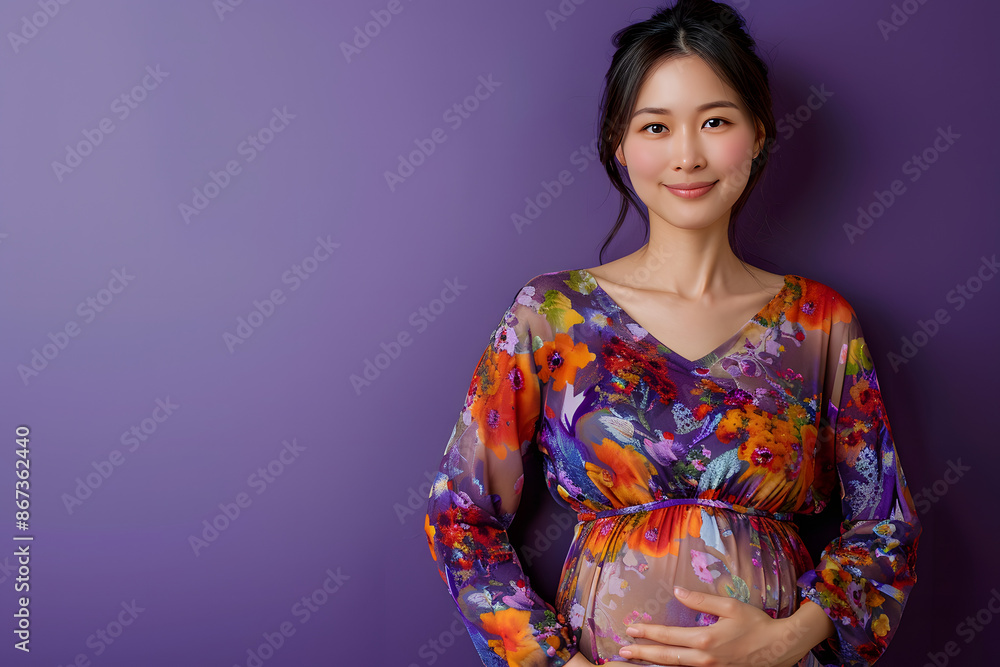 Portrait of Asian pregnant woman on purple background. Portrait of Asian pregnant woman on purple background.
