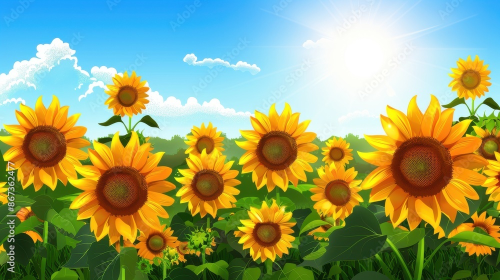 Fototapeta premium Vibrant Sunflower Field Under Sunny Blue Sky. Summer Landscape