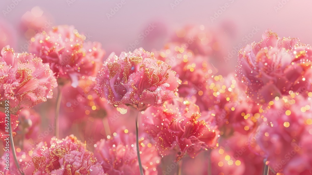 A close-up photo of delicate bubblegum pink carnations adorned with golden glitter against a dreamy pink sky backdrop A close-up photo of delicate bubblegum pink carnations adorned with golden glitter against a dreamy pink sky backdrop