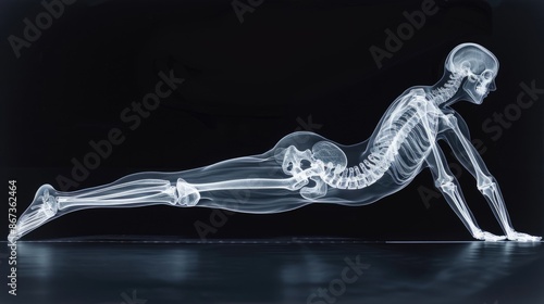 An x-ray of a human skeleton demonstrates a sports plank exercise. Anatomy of an athlete's body. Black background. Sporty training. Gymnastics, fitness, workout.