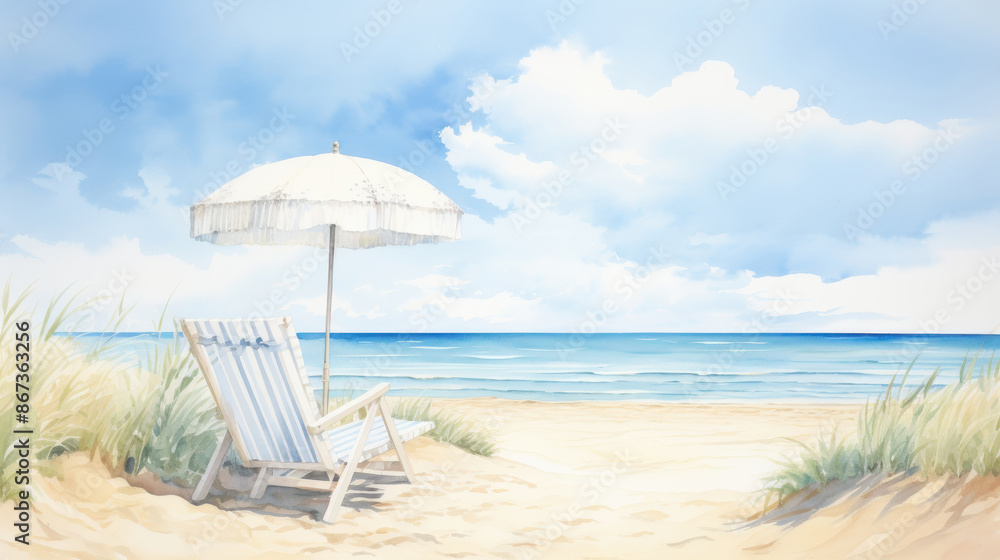 Serene beach scene with a white umbrella and wooden chair, set against a clear sky and calm ocean waves, for a perfect summer day.