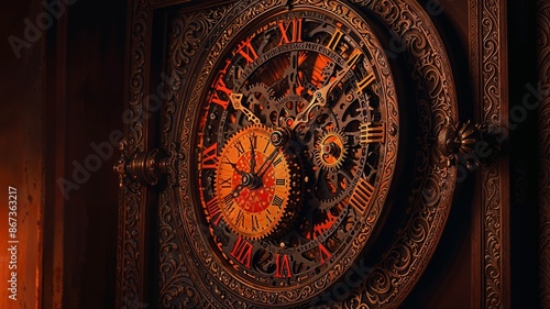 intricate antique mechanical clock with Roman numerals and visible gears against a dark background, cinematic view