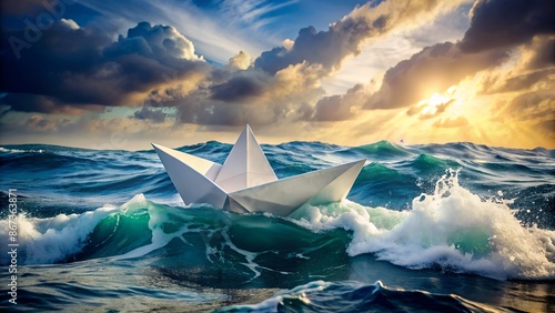 -alone paper boat carrying vulnerable euro symbol succumbs to raging ocean waves, symbolizing economic turmoil and instability in turbulent financial markets.