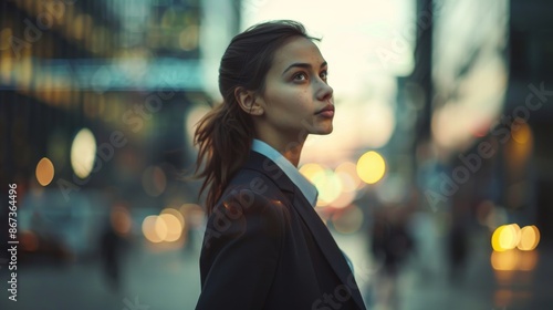A professional woman in a modern suit walks confidently through a bustling city street, illuminated by the warm glow of streetlights © Elmira