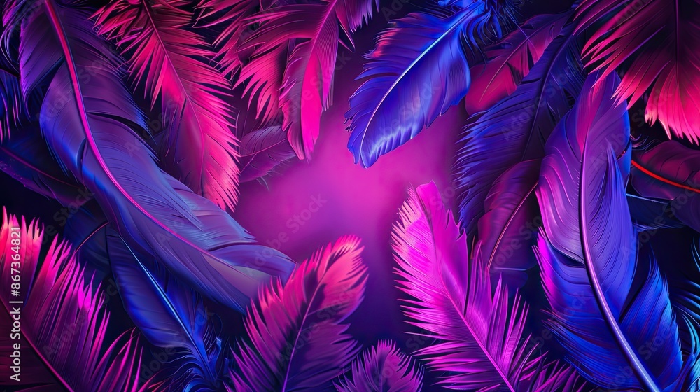 Background of feathers in neon light. The feathers shimmer pink and blue. Abstract texture. Background of feathers in neon light. The feathers shimmer pink and blue. Abstract texture.