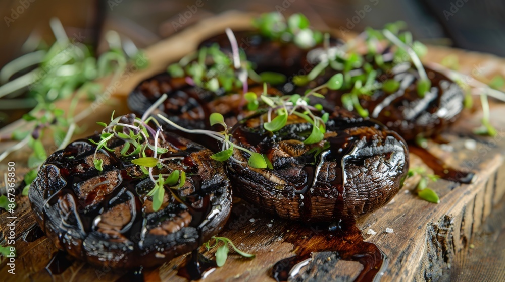 A close-up photo of grilled portobello mushroom caps arranged on a weathered wooden platter. The mushrooms are glazed with a dark sauce and garnished with fresh herbs A close-up photo of grilled portobello mushroom caps arranged on a weathered wooden platter. The mushrooms are glazed with a dark sauce and garnished with fresh herbs