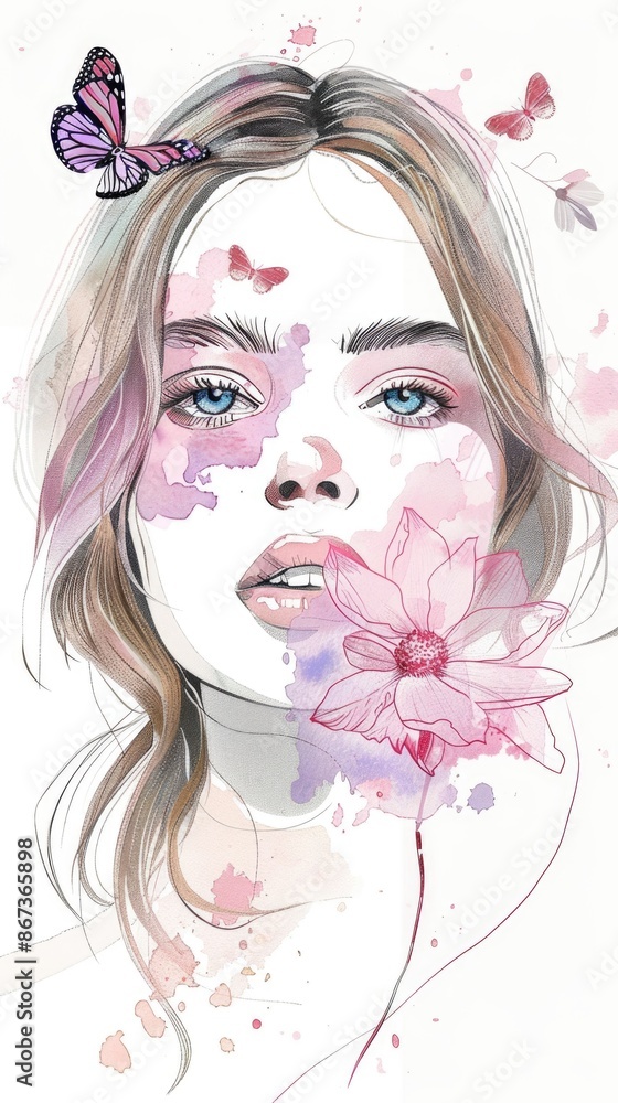 Naklejka premium A girl with butterflies in her hair, blue eyes, a pink flower in her mouth, and pink and purple watercolor stains on her face.