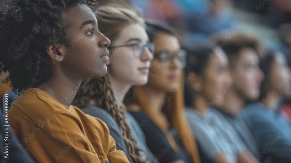 A close-up shot of college students in a lecture hall, listening intently to a professor A close-up shot of college students in a lecture hall, listening intently to a professor