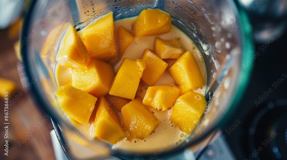 Close-up of a blender filled with fresh mango chunks and yogurt, ready to blend into a delicious fruit smoothie. Close-up of a blender filled with fresh mango chunks and yogurt, ready to blend into a delicious fruit smoothie.