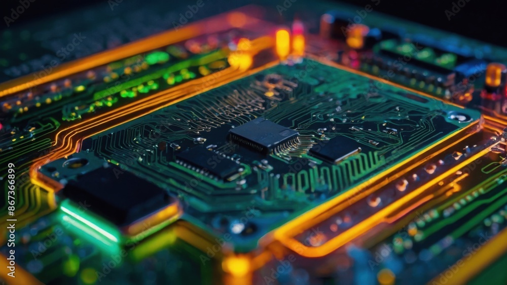Obraz premium Closeup of a Circuit Board With Orange and Green Lighting