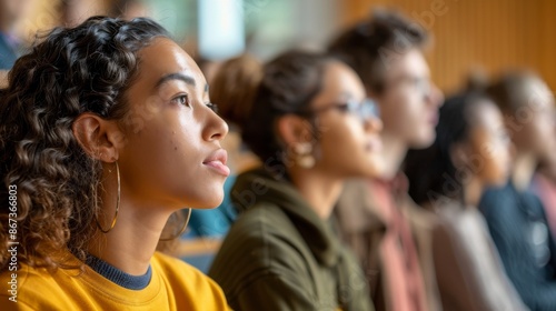 A closeup image of diverse college students attentively listening to a professor in a lecture hall. The students are seated in rows, and the image captures their focused expressions