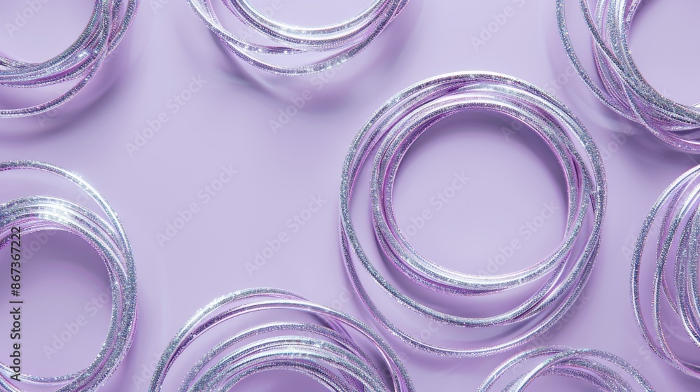 A collection of metallic silver glitter slinky toys arranged in a circular pattern against a soft purple background A collection of metallic silver glitter slinky toys arranged in a circular pattern against a soft purple background