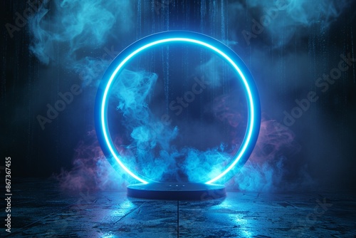 Enchanting futuristic portal enveloped in mist. Circular luminous structure serves as advanced teleporter. Illuminated by neon lights, it creates a dazzling display against a dark backdrop. © ckybe