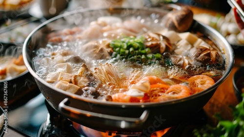 Close-up of a hot pot filled with bubbling broth and ingredients such as tofu, mushrooms, and seafood for a delicious shabu-shabu meal