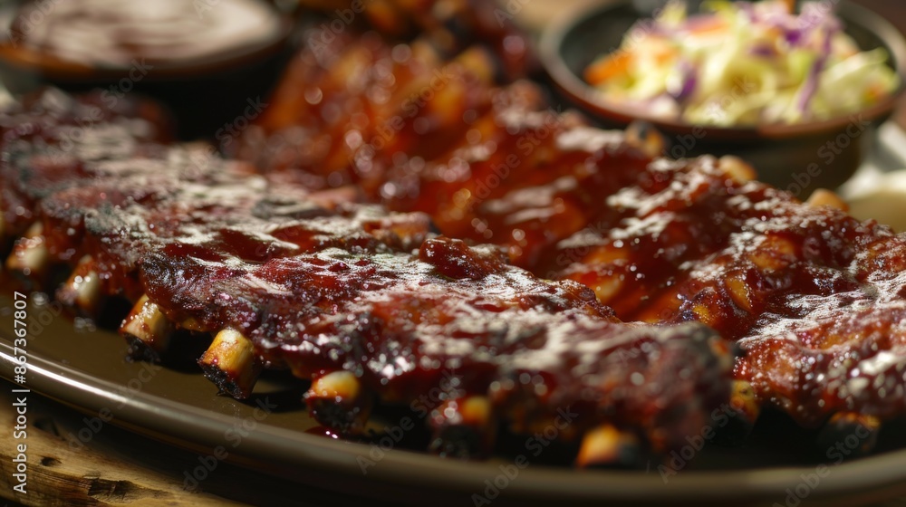 Close-up of a juicy BBQ ribs platter with tangy sauce and coleslaw, a favorite American comfort food. Close-up of a juicy BBQ ribs platter with tangy sauce and coleslaw, a favorite American comfort food.