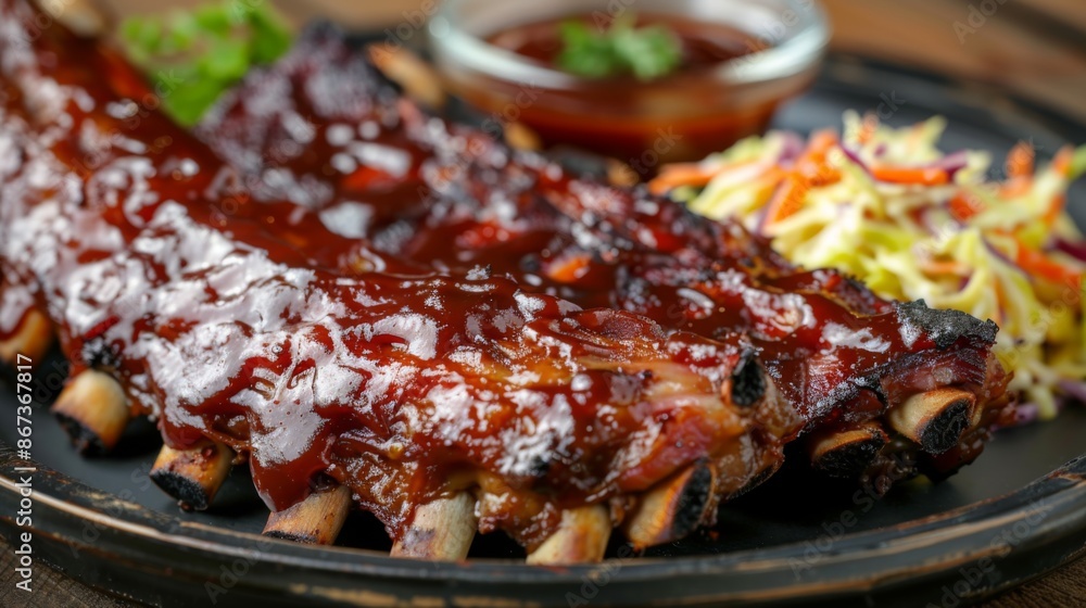 Close-up of a juicy BBQ ribs platter with tangy sauce and coleslaw, a favorite American comfort food. Close-up of a juicy BBQ ribs platter with tangy sauce and coleslaw, a favorite American comfort food.