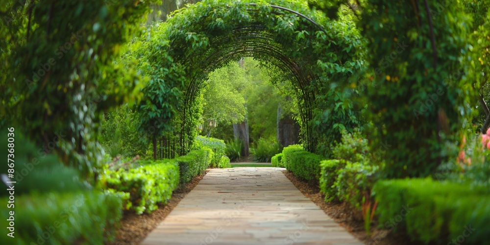 Fototapeta premium A decorative garden arch frames a lush path surrounded by greenery, flowers, and summer foliage.