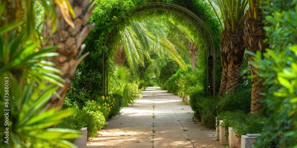 Fototapeta premium A lush garden corridor features a palm arch and tropical foliage, creating a scenic and inviting walkway.